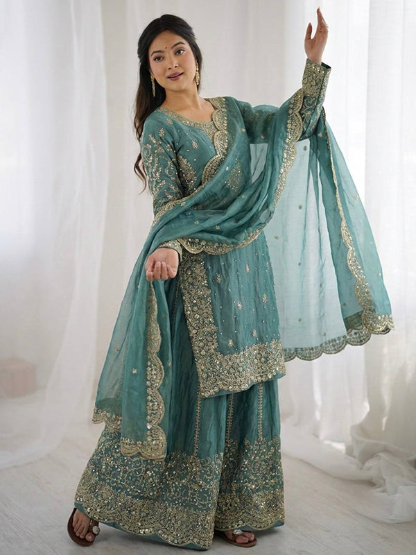 Sky Blue Embroidery Sequence Work Fendy Silk Top Palazzo With Dupatta