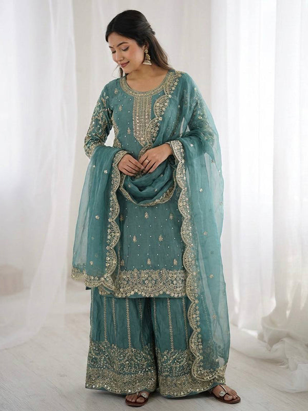 Sky Blue Embroidery Sequence Work Fendy Silk Top Palazzo With Dupatta