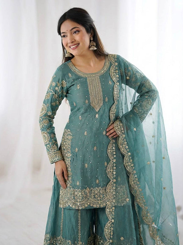 Sky Blue Embroidery Sequence Work Fendy Silk Top Palazzo With Dupatta