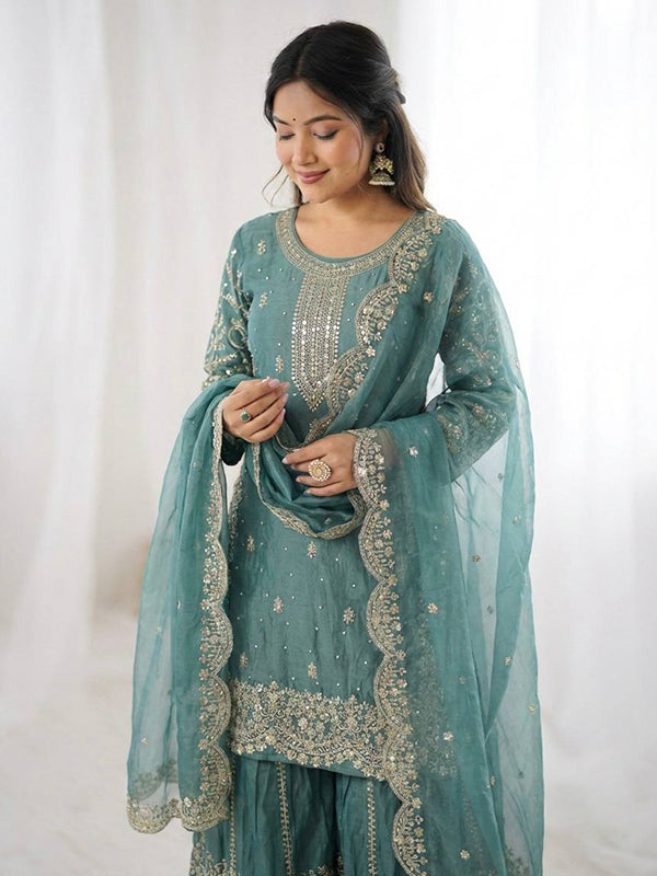 Sky Blue Embroidery Sequence Work Fendy Silk Top Palazzo With Dupatta