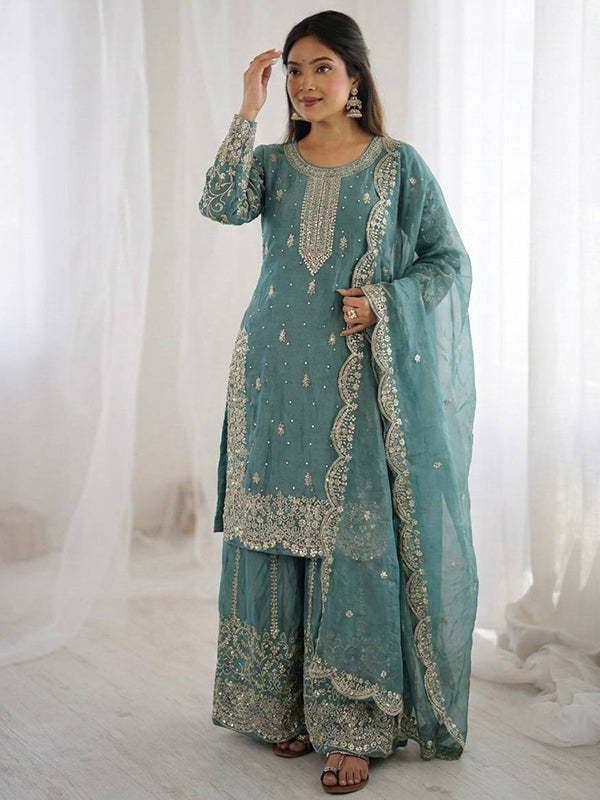 Sky Blue Embroidery Sequence Work Fendy Silk Top Palazzo With Dupatta
