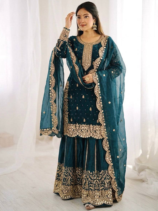 Teal Blue Embroidery Sequence Work Fendy Silk Top Palazzo With Dupatta