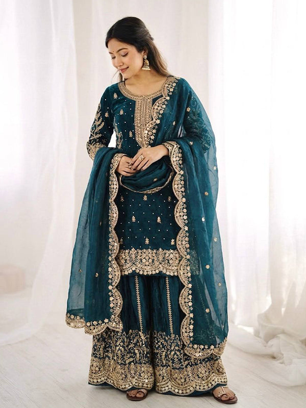 Teal Blue Embroidery Sequence Work Fendy Silk Top Palazzo With Dupatta