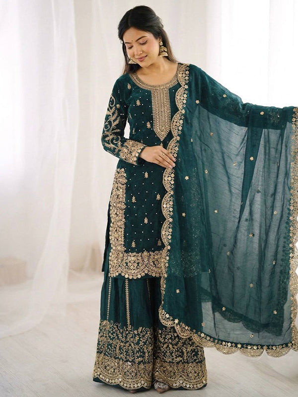 Teal Blue Embroidery Sequence Work Fendy Silk Top Palazzo With Dupatta