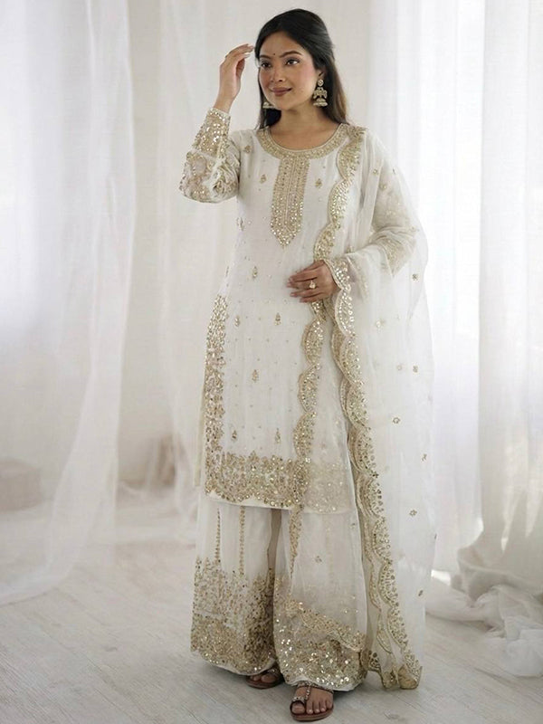White Embroidery Sequence Work Fendy Silk Top Palazzo With Dupatta