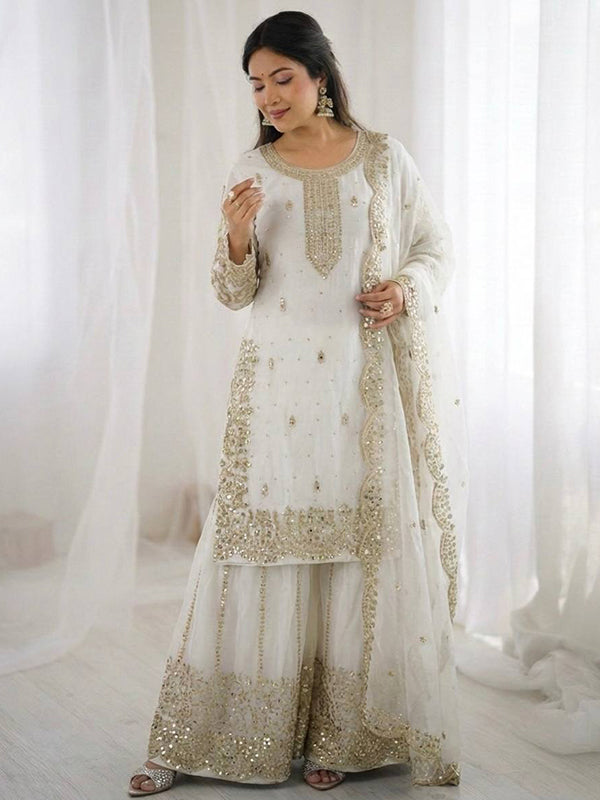 White Embroidery Sequence Work Fendy Silk Top Palazzo With Dupatta