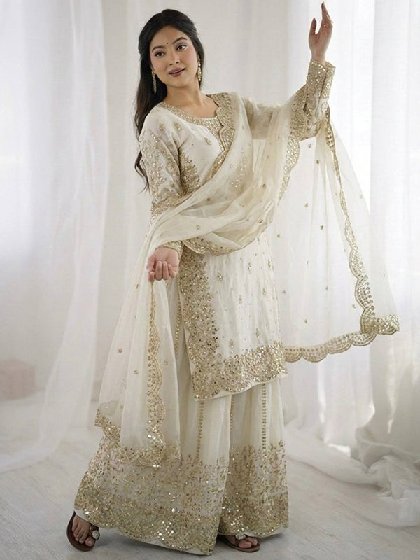 White Embroidery Sequence Work Fendy Silk Top Palazzo With Dupatta
