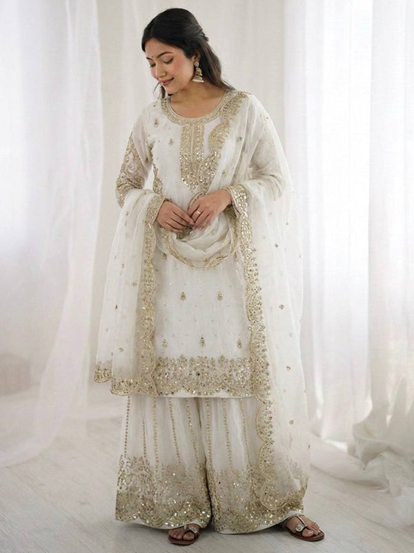 White Embroidery Sequence Work Fendy Silk Top Palazzo With Dupatta