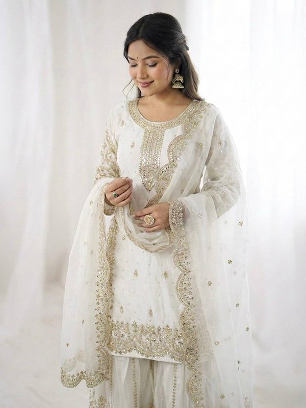 White Embroidery Sequence Work Fendy Silk Top Palazzo With Dupatta