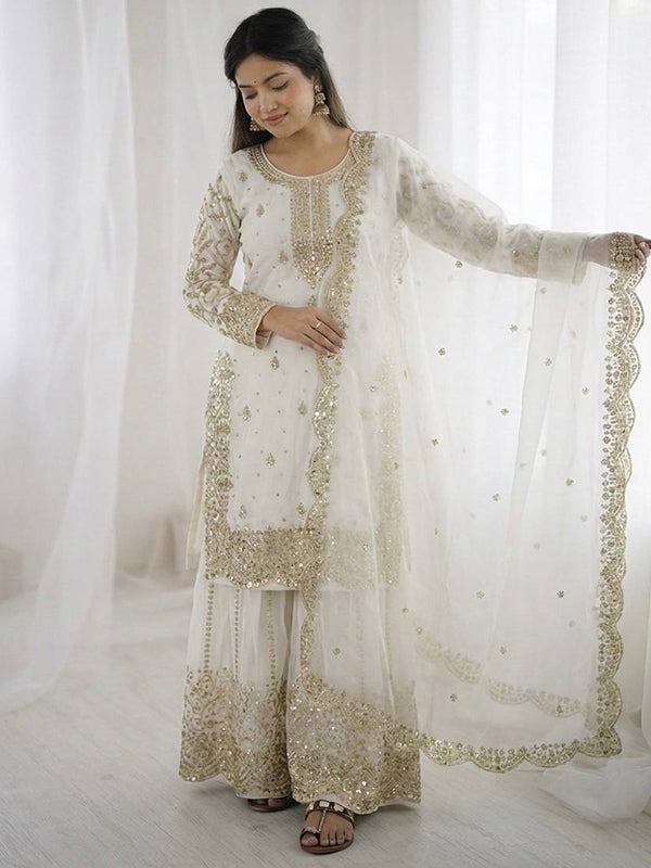 White Embroidery Sequence Work Fendy Silk Top Palazzo With Dupatta