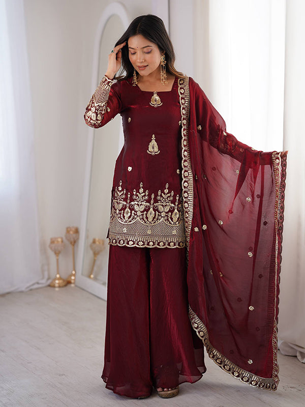 Maroon Embroidery Sequence Work Fendy Silk Top Sharara With Dupatta