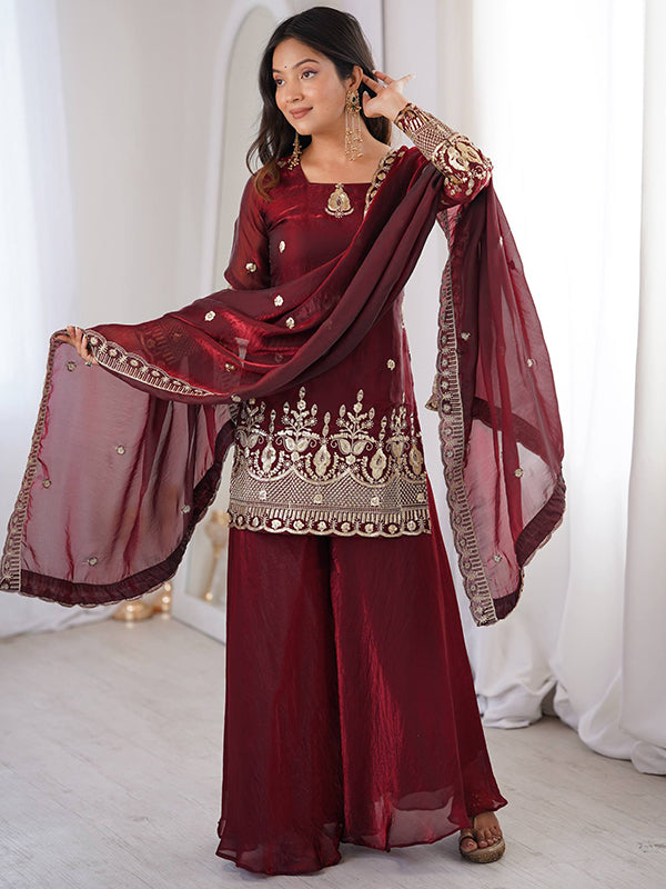 Maroon Embroidery Sequence Work Fendy Silk Top Sharara With Dupatta