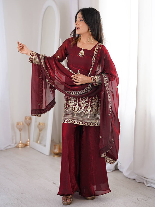 Maroon Embroidery Sequence Work Fendy Silk Top Sharara With Dupatta