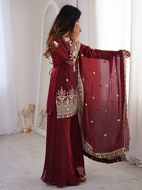 Maroon Embroidery Sequence Work Fendy Silk Top Sharara With Dupatta