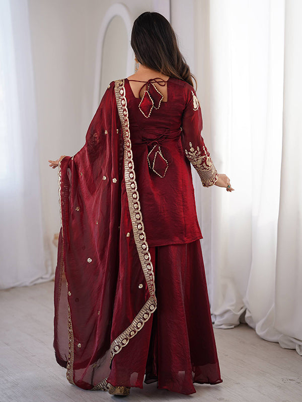 Maroon Embroidery Sequence Work Fendy Silk Top Sharara With Dupatta