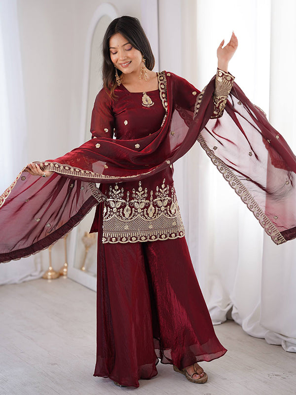 Maroon Embroidery Sequence Work Fendy Silk Top Sharara With Dupatta