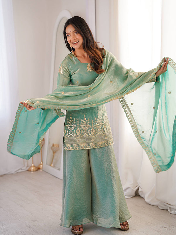 Sky Blue Embroidery Sequence Work Fendy Silk Top Sharara With Dupatta