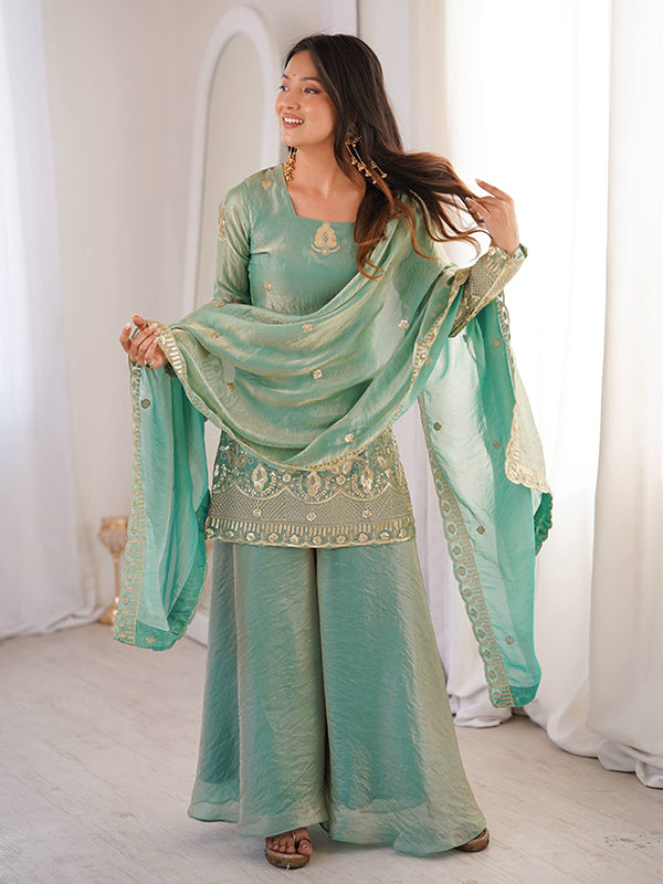 Sky Blue Embroidery Sequence Work Fendy Silk Top Sharara With Dupatta