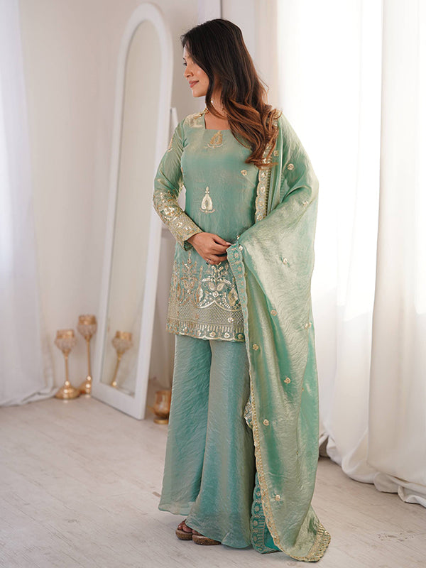 Sky Blue Embroidery Sequence Work Fendy Silk Top Sharara With Dupatta
