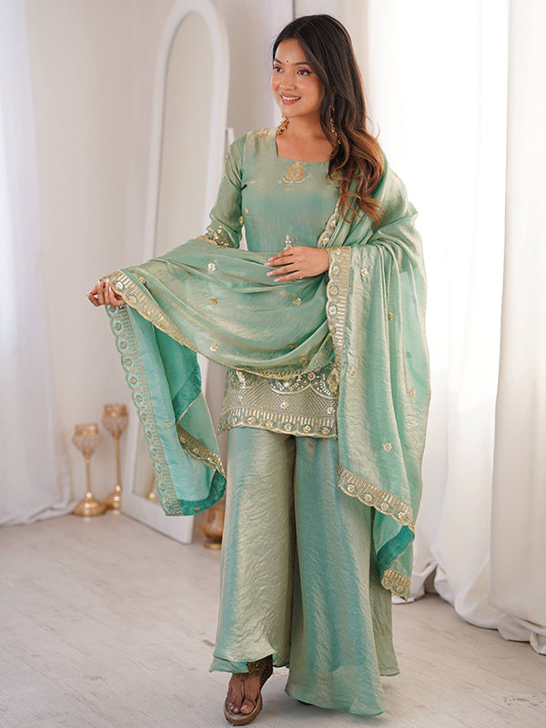 Sky Blue Embroidery Sequence Work Fendy Silk Top Sharara With Dupatta