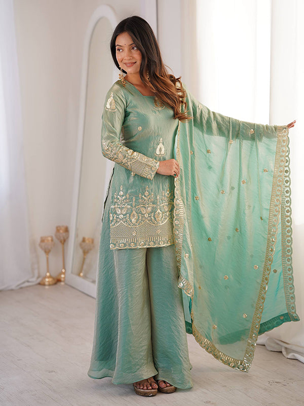 Sky Blue Embroidery Sequence Work Fendy Silk Top Sharara With Dupatta