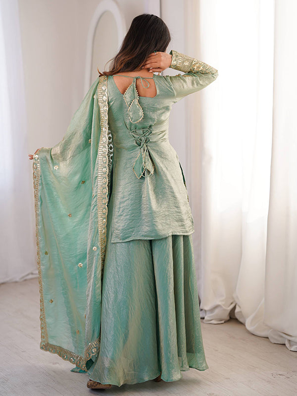 Sky Blue Embroidery Sequence Work Fendy Silk Top Sharara With Dupatta