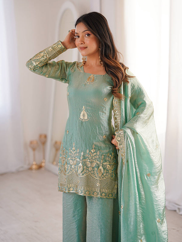 Sky Blue Embroidery Sequence Work Fendy Silk Top Sharara With Dupatta