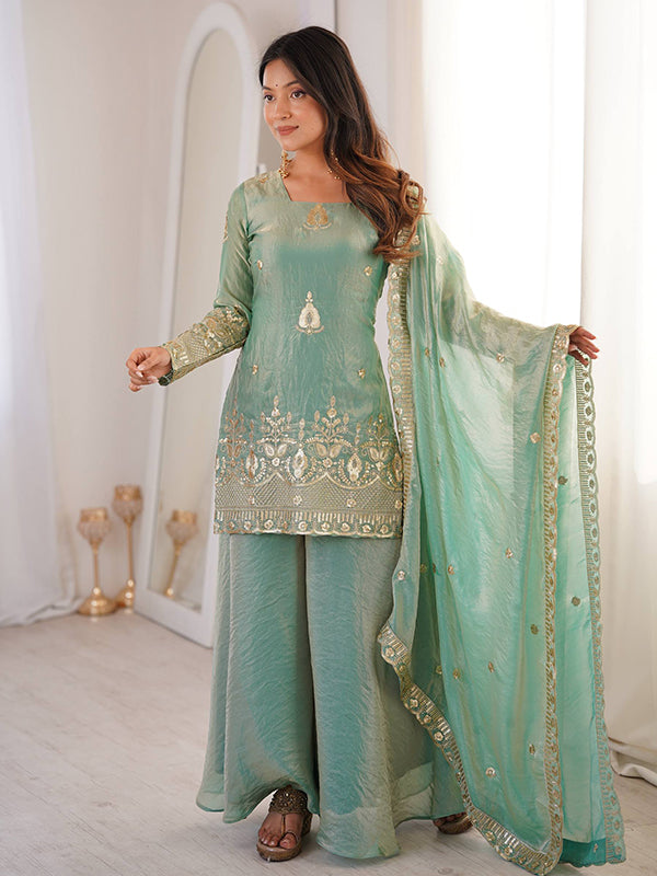 Sky Blue Embroidery Sequence Work Fendy Silk Top Sharara With Dupatta