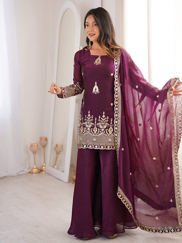 Wine Embroidery Sequence Work Fendy Silk Top Sharara With Dupatta