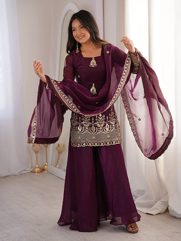 Wine Embroidery Sequence Work Fendy Silk Top Sharara With Dupatta