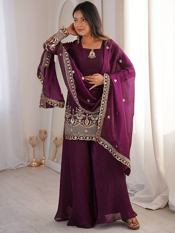 Wine Embroidery Sequence Work Fendy Silk Top Sharara With Dupatta