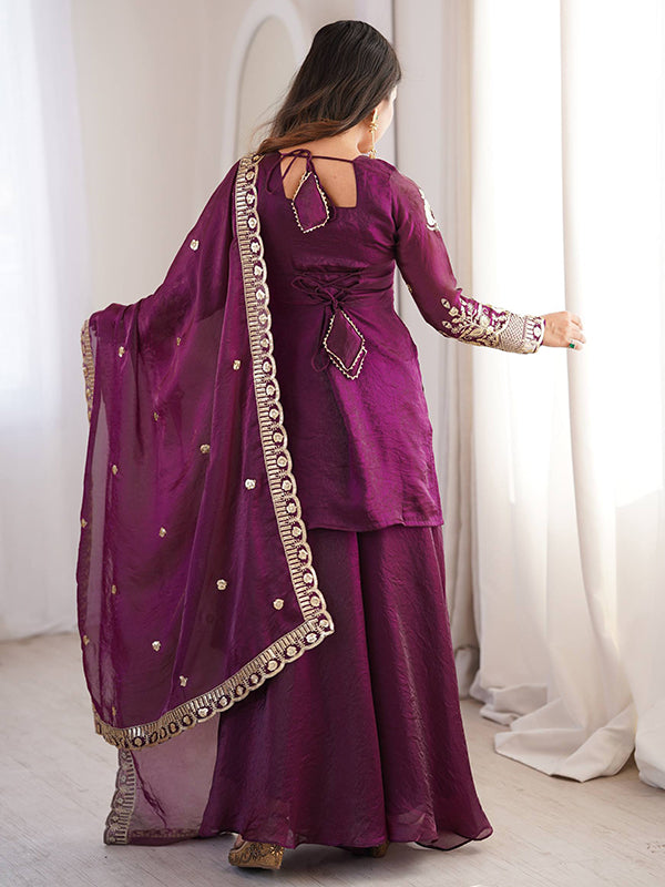 Wine Embroidery Sequence Work Fendy Silk Top Sharara With Dupatta
