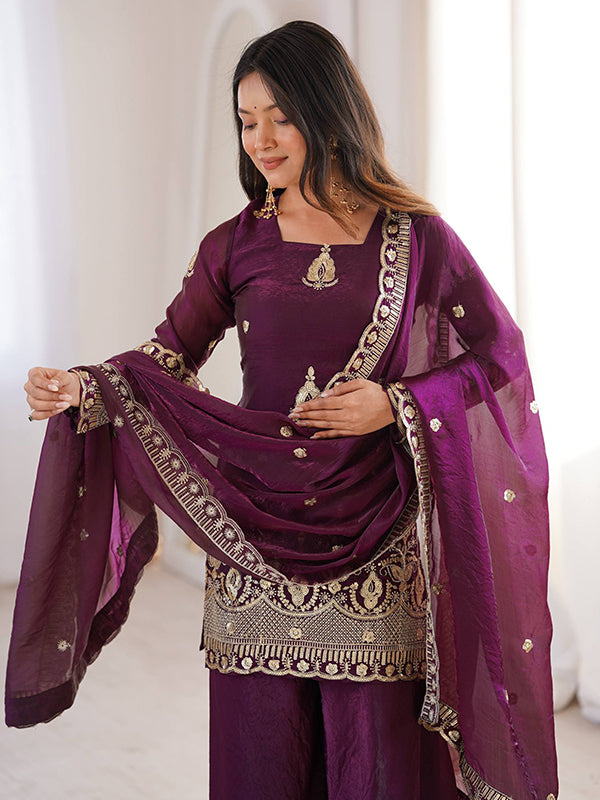 Wine Embroidery Sequence Work Fendy Silk Top Sharara With Dupatta