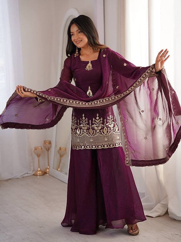 Wine Embroidery Sequence Work Fendy Silk Top Sharara With Dupatta