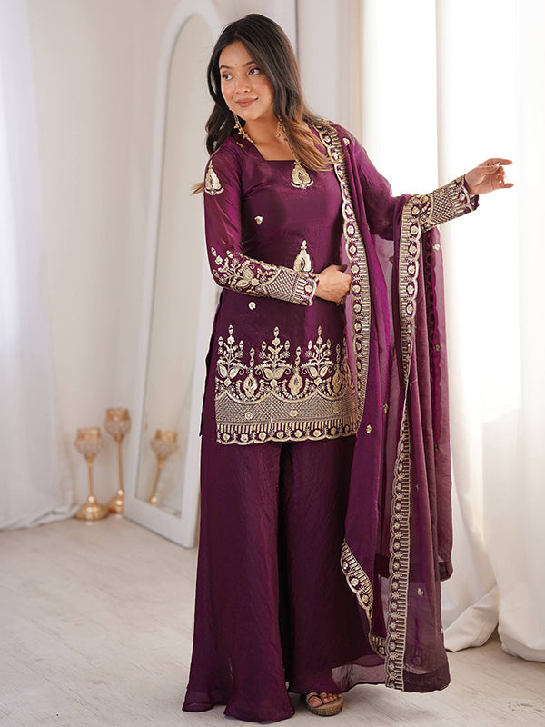 Wine Embroidery Sequence Work Fendy Silk Top Sharara With Dupatta
