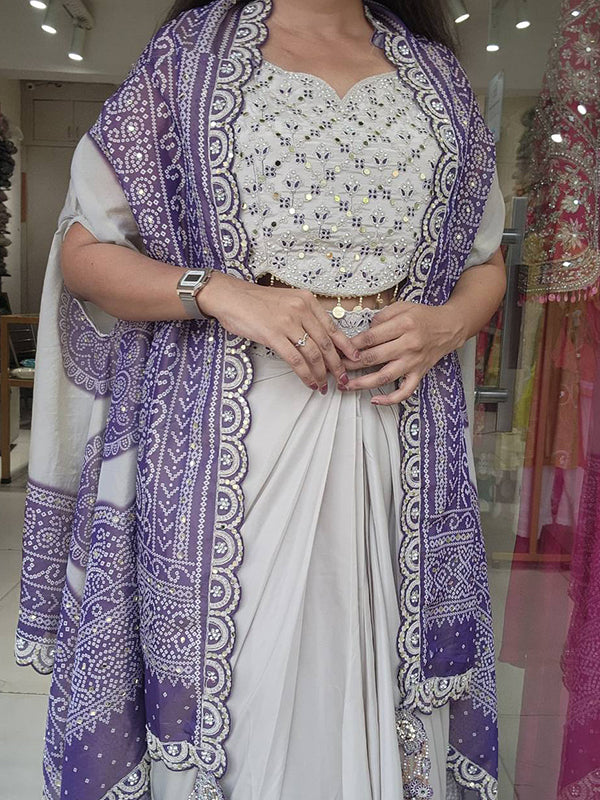 Purple Crep Silk Embroidey Work Indo-Western Three Piece Set