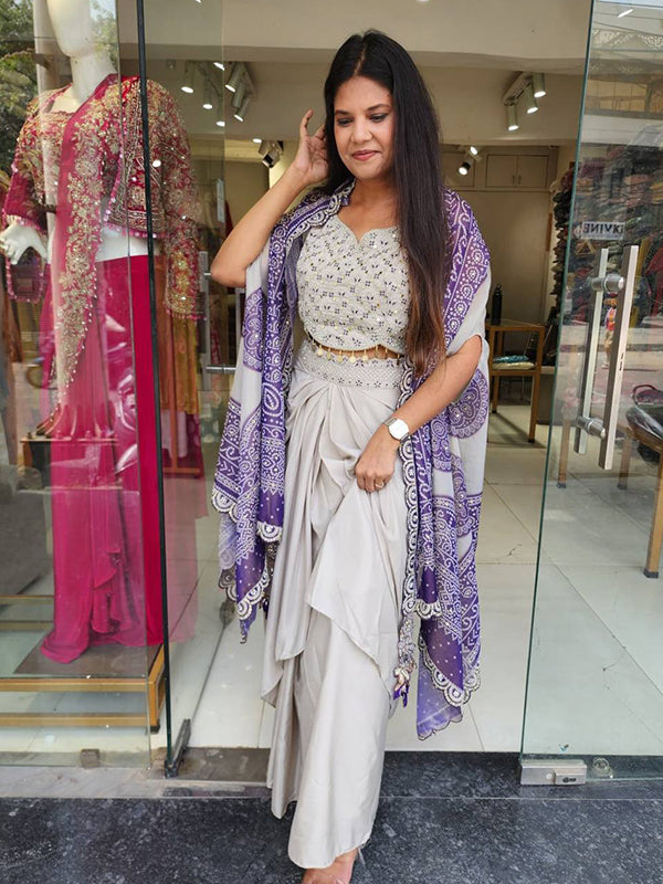 Purple Crep Silk Embroidey Work Indo-Western Three Piece Set