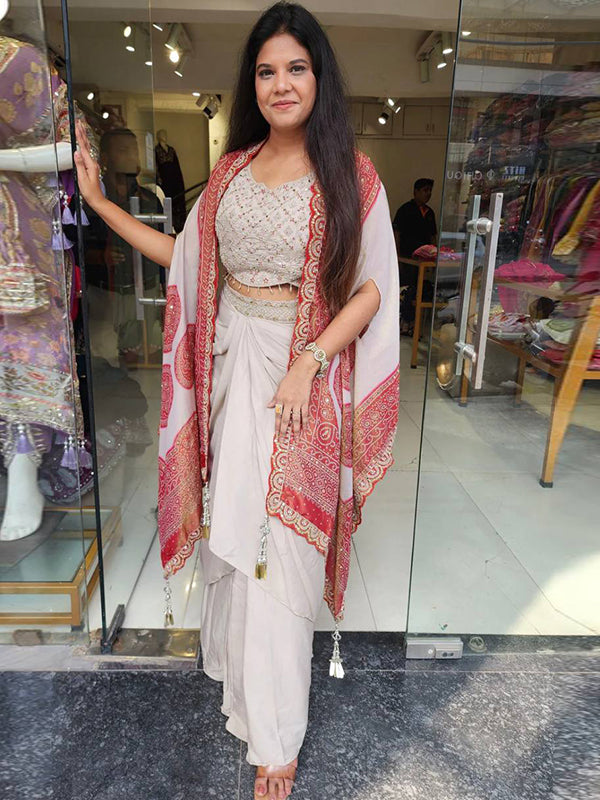 Red Crep Silk Embroidey Work Indo-Western Three Piece Set