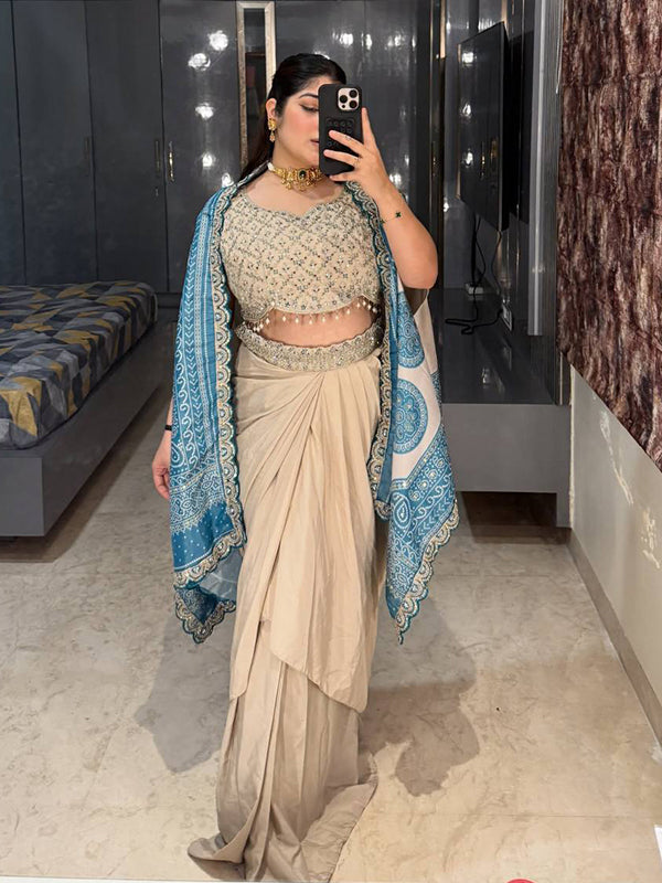 Sky Blue Crep Silk Embroidey Work Indo-Western Three Piece Set