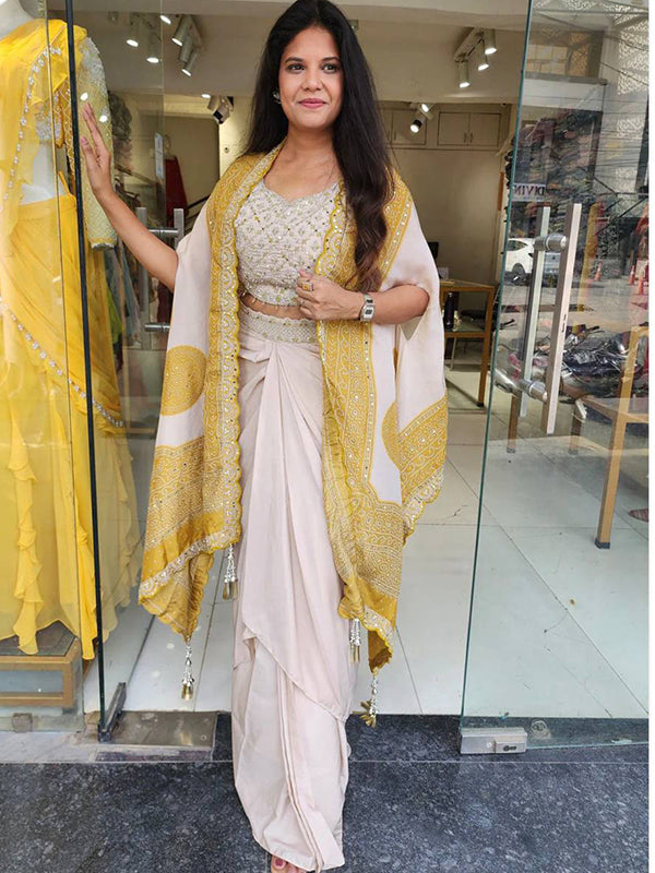 Mustard Yellow Crep Silk Embroidey Work Indo-Western Three Piece Set