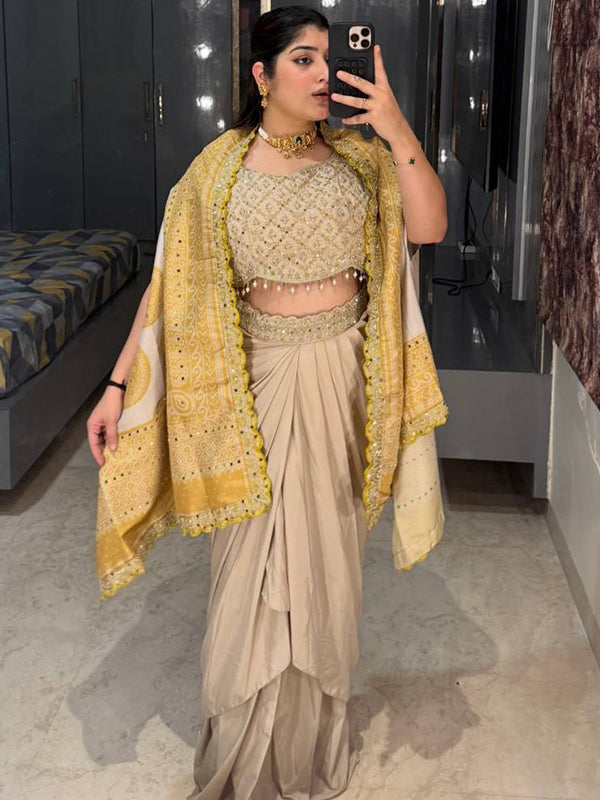 Mustard Yellow Crep Silk Embroidey Work Indo-Western Three Piece Set