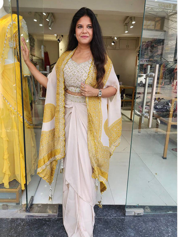 Mustard Yellow Crep Silk Embroidey Work Indo-Western Three Piece Set