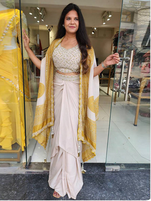 Mustard Yellow Crep Silk Embroidey Work Indo-Western Three Piece Set