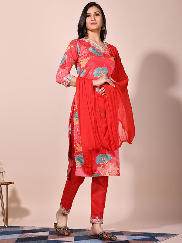 Red Floral Printed Kurti With Pant & Dupatta Set