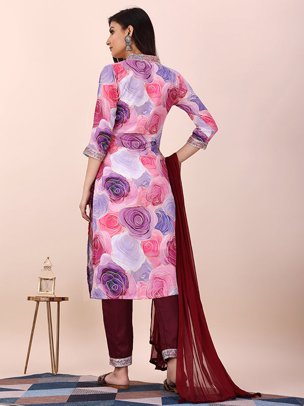 Pink Floral Printed Kurti With Pant & Dupatta Set