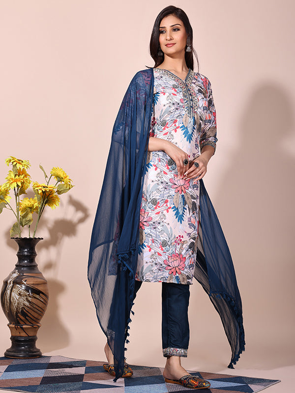 White Blue Floral Printed Kurti With Pant & Dupatta Set