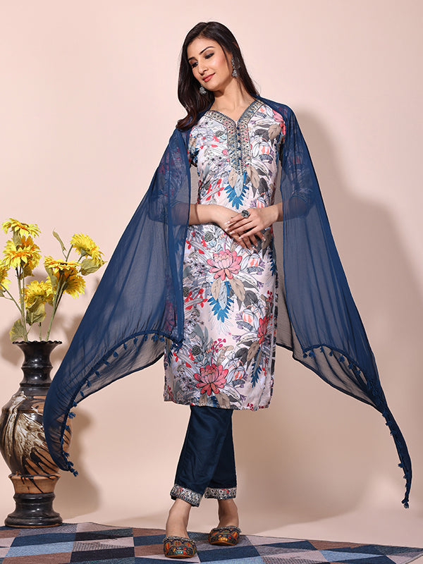 White Blue Floral Printed Kurti With Pant & Dupatta Set