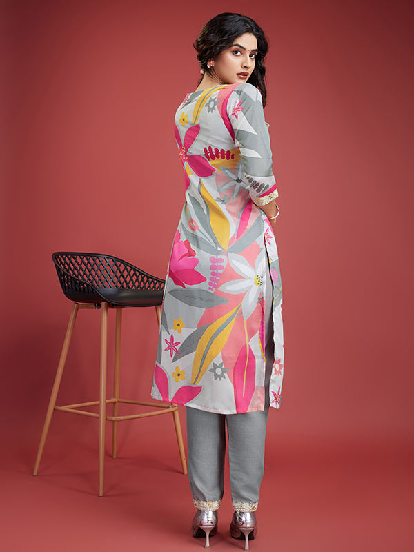 Pink Grey Floral Printed Kurti With Pant & Dupatta Set