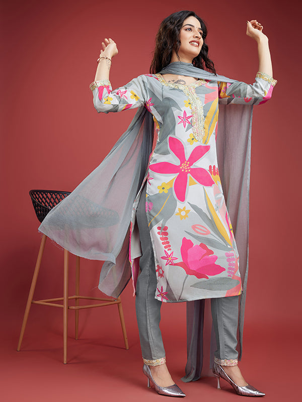 Pink Grey Floral Printed Kurti With Pant & Dupatta Set