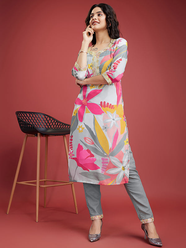 Pink Grey Floral Printed Kurti With Pant & Dupatta Set